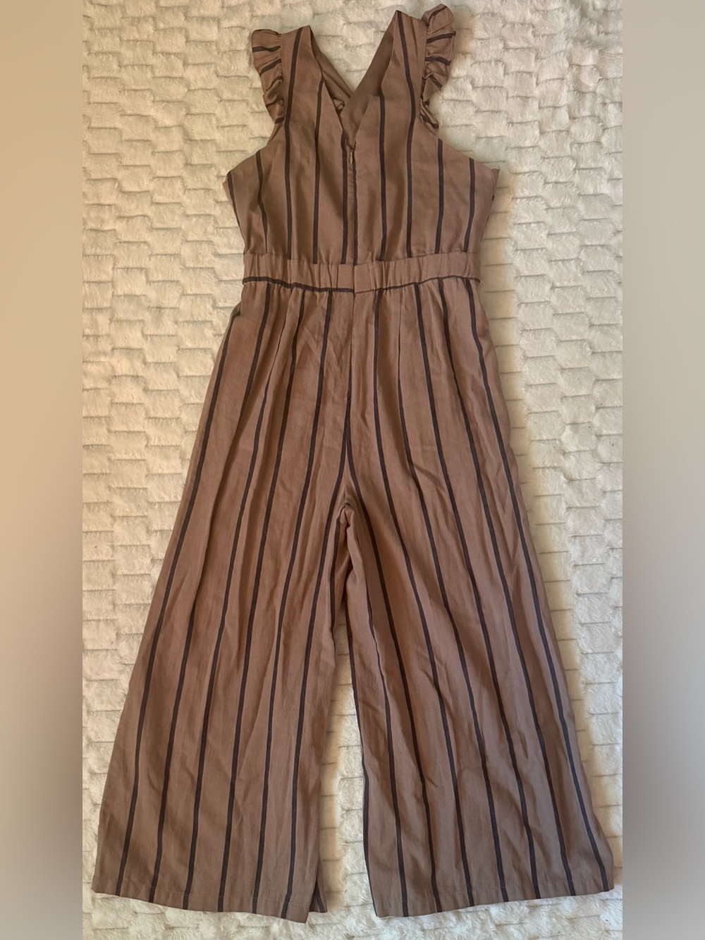 MOMNI Ruffle Strap Jumpsuit Brown Stripe Wide Leg Cotton Linen Size S - Picture 4 of 7